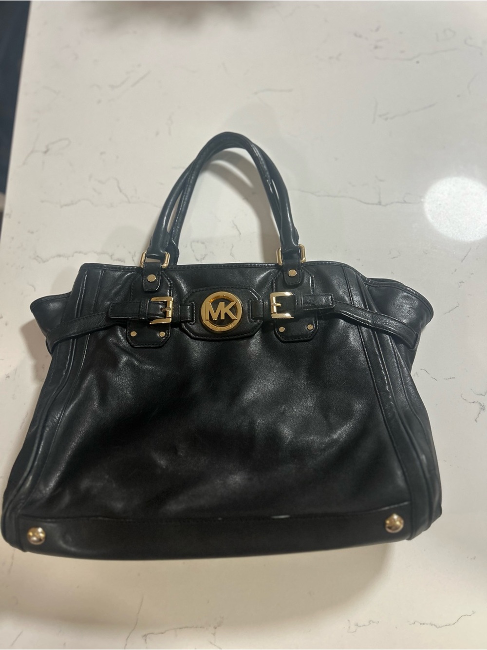 Michael Kors Black Leather Tote with Gold MK Emblem